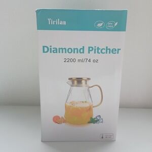 Yirilan Glass Pitcher Carafe W/Lid 2.2 Liter Water Iced Tea Hot or Cold NEW